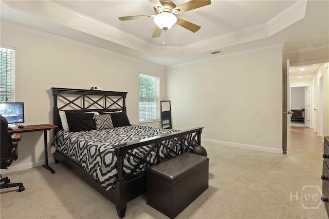 140 Kettle Creek Ln, Midway, GA 31320 - carpeted bedroom with a tray ceiling, crown molding, ceiling fan, and an office area