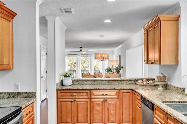 3005 River Dr Unit 302, Savannah, GA 31404 - kitchen featuring stainless steel dishwasher, light stone countertops, brown cabinets, a ceiling fan, and recessed lighting