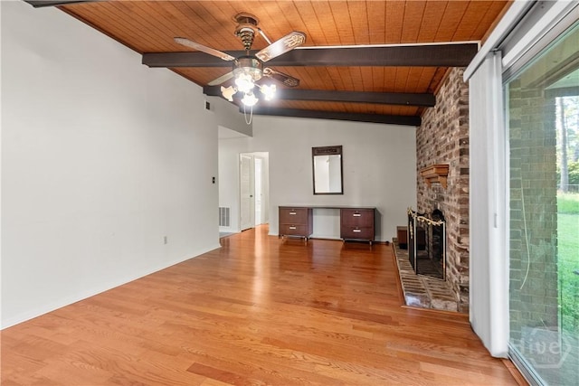 2 N Stillwood Ct, Savannah, GA 31419 - unfurnished living room featuring a ceiling fan, wooden ceiling, wood finished floors, and a fireplace