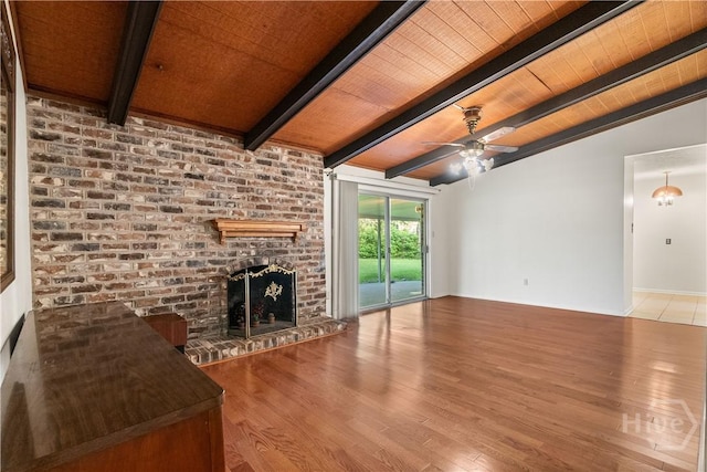 2 N Stillwood Ct, Savannah, GA 31419 - unfurnished living room with ceiling fan, a brick fireplace, wooden ceiling, and wood finished floors