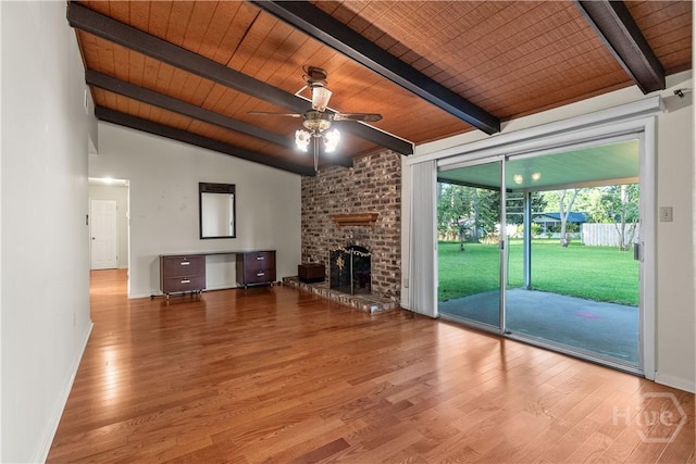 2 N Stillwood Ct, Savannah, GA 31419 - unfurnished living room with wood ceiling, a ceiling fan, wood finished floors, and a brick fireplace