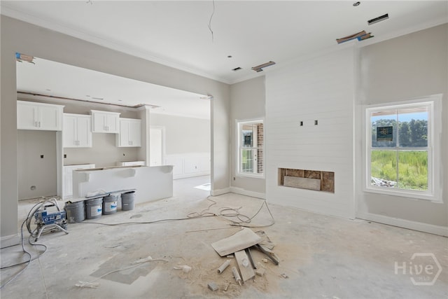 311 Mock St, Sylvania, GA 30467 - unfurnished living room featuring ornamental molding and a fireplace