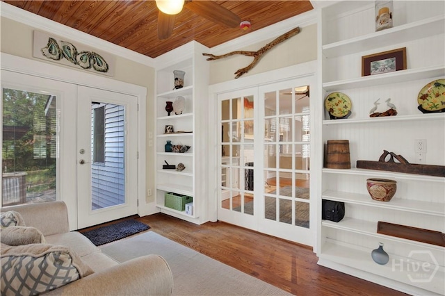 1507 E 49th St, Savannah, GA 31404 - entryway featuring ceiling fan, wooden ceiling, french doors, wood finished floors, and crown molding