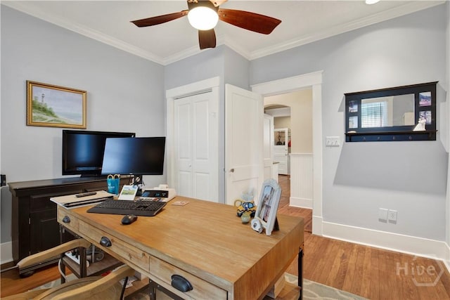 1507 E 49th St, Savannah, GA 31404 - office area featuring wood finished floors, ceiling fan, arched walkways, and ornamental molding