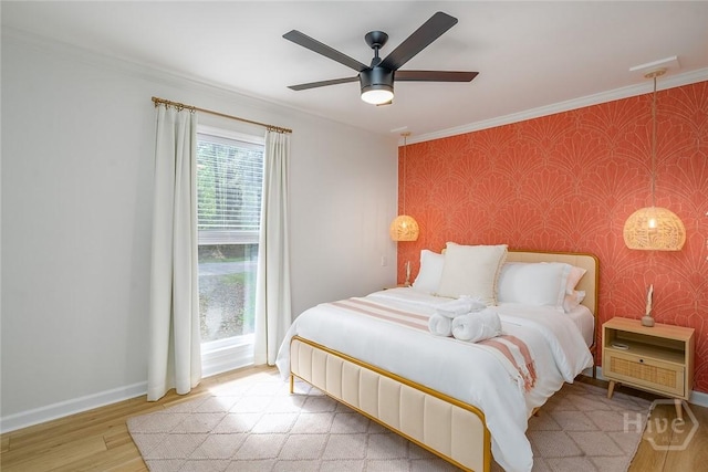 27 Bryan Wood Cir, Savannah, GA 31410 - bedroom featuring wallpapered walls, wood finished floors, ornamental molding, access to exterior, and a ceiling fan