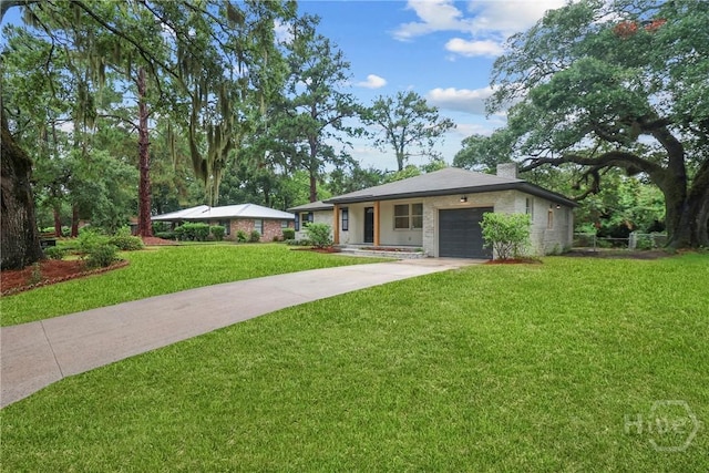 114 Paradise Dr, Savannah, GA 31406 - ranch-style house featuring driveway, a garage, a front lawn, and a chimney