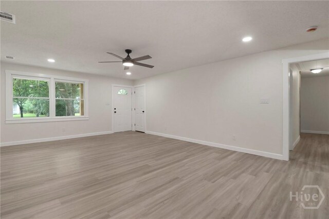 114 Paradise Dr, Savannah, GA 31406 - unfurnished living room with ceiling fan, light wood-style floors, and recessed lighting