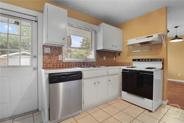 5012 Spartan Dr, Savannah, GA 31404 - kitchen featuring dishwasher, white electric range oven, range hood, and decorative backsplash