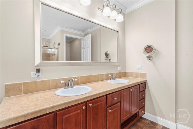 586 Church Cir, Jesup, GA 31545 - bathroom featuring crown molding, double vanity, and a shower