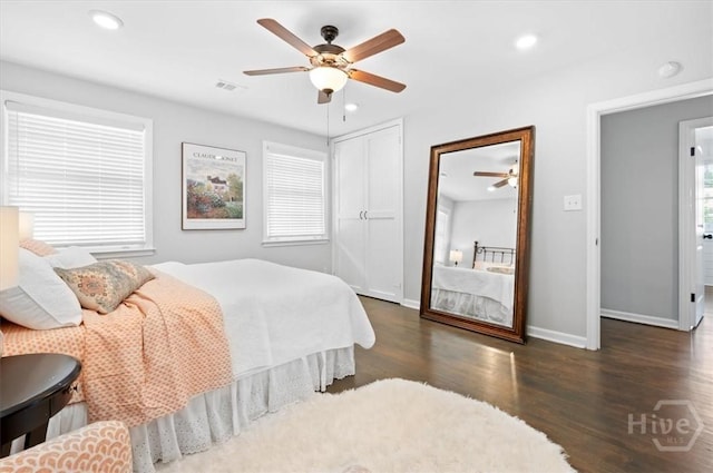 4611 Cumberland Dr, Savannah, GA 31405 - bedroom with wood finished floors, a closet, recessed lighting, and a ceiling fan