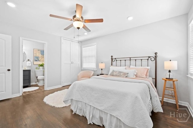 4611 Cumberland Dr, Savannah, GA 31405 - bedroom with wood finished floors, ensuite bathroom, a closet, recessed lighting, and ceiling fan