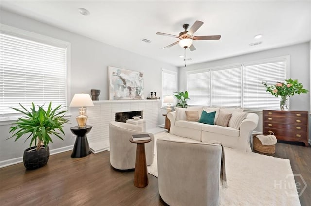 4611 Cumberland Dr, Savannah, GA 31405 - living area featuring ceiling fan, dark wood finished floors, a fireplace, and recessed lighting