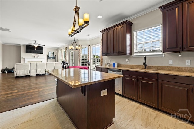 219 Byron Dr, Richmond Hill, GA 31324 - kitchen featuring crown molding, dishwasher, a chandelier, a kitchen island, and a ceiling fan