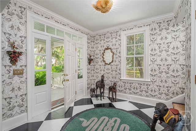 63 Magnolia Ln, Richmond Hill, GA 31324 - tiled foyer entrance with ornamental molding and wallpapered walls