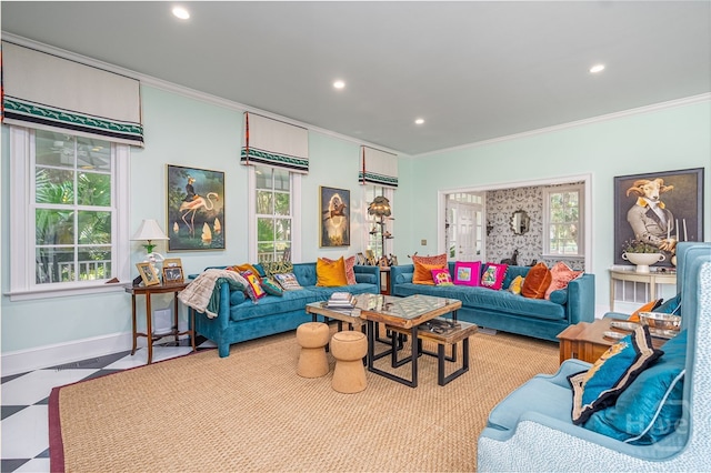 63 Magnolia Ln, Richmond Hill, GA 31324 - living area featuring crown molding, recessed lighting, and healthy amount of natural light