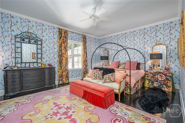63 Magnolia Ln, Richmond Hill, GA 31324 - bedroom with wallpapered walls, crown molding, a ceiling fan, and wood finished floors