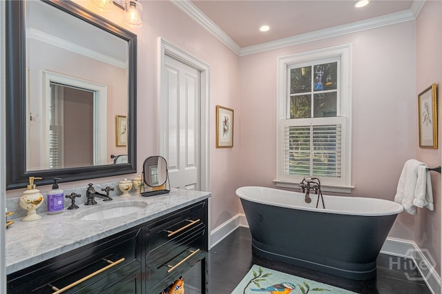 63 Magnolia Ln, Richmond Hill, GA 31324 - bathroom featuring vanity, a soaking tub, ornamental molding, and recessed lighting