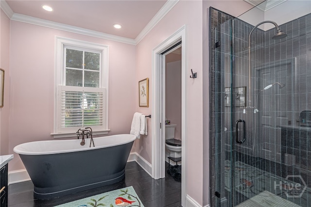 63 Magnolia Ln, Richmond Hill, GA 31324 - bathroom featuring a shower stall, a freestanding bath, crown molding, plenty of natural light, and recessed lighting
