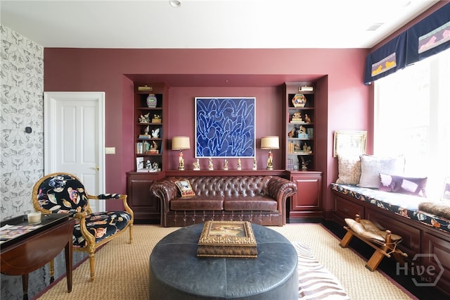 63 Magnolia Ln, Richmond Hill, GA 31324 - living area featuring light carpet and wallpapered walls
