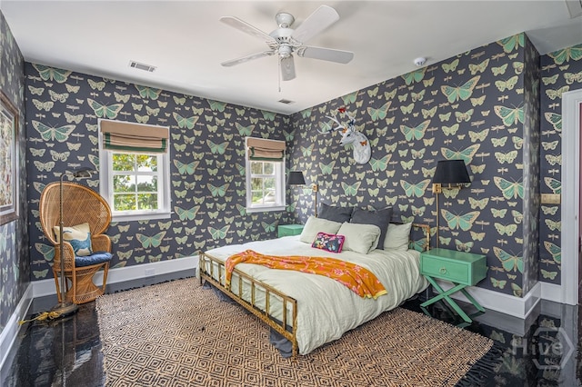 63 Magnolia Ln, Richmond Hill, GA 31324 - bedroom featuring ceiling fan and wallpapered walls