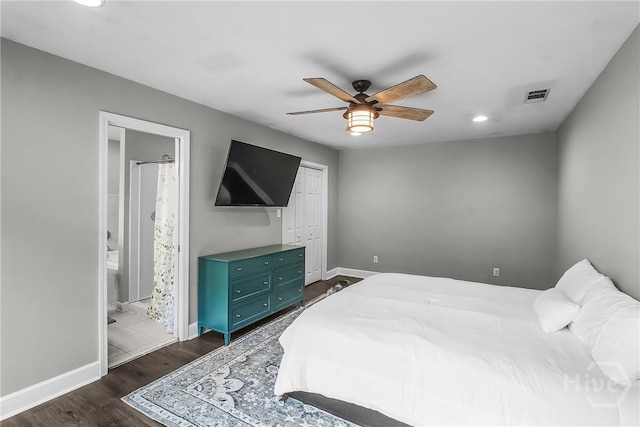 324 Elm St, Eden, GA 31307 - bedroom with dark wood-style floors, recessed lighting, ensuite bathroom, ceiling fan, and a closet