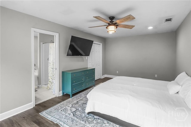 324 Elm St, Eden, GA 31307 - bedroom with dark wood finished floors, a closet, connected bathroom, a ceiling fan, and recessed lighting