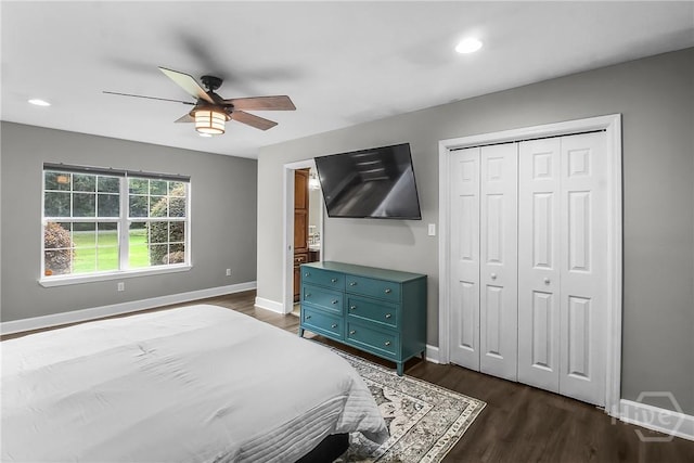 324 Elm St, Eden, GA 31307 - bedroom with dark wood-type flooring, a closet, recessed lighting, and ceiling fan