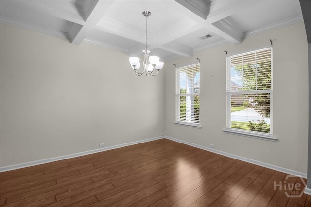 129 Winslow Cir, Savannah, GA 31407 - unfurnished room featuring coffered ceiling, dark wood-style flooring, beamed ceiling, a chandelier, and ornamental molding