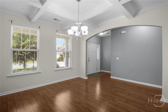 129 Winslow Cir, Savannah, GA 31407 - unfurnished dining area with coffered ceiling, arched walkways, hardwood / wood-style floors, beamed ceiling, and a chandelier