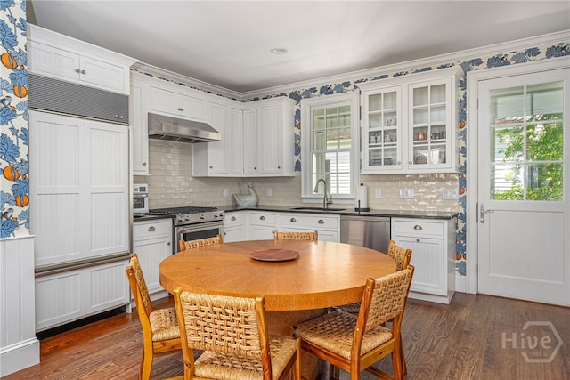 46 Cherry Laurel Ln, Richmond Hill, GA 31324 - kitchen featuring under cabinet range hood, high quality appliances, dark countertops, dark wood-style flooring, and tasteful backsplash