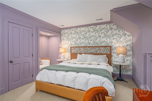 46 Cherry Laurel Ln, Richmond Hill, GA 31324 - carpeted bedroom with wallpapered walls and crown molding