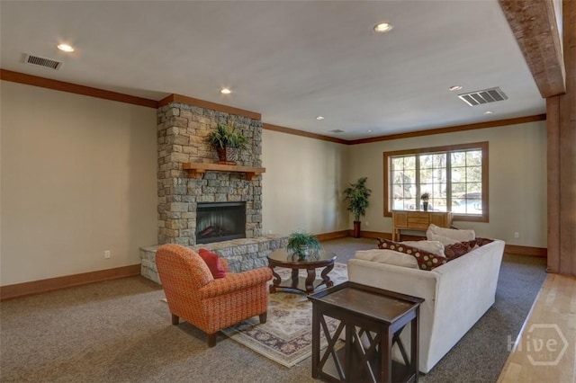 105 Telford St, Savannah, GA 31407 - carpeted living area with ornamental molding, a fireplace, and recessed lighting