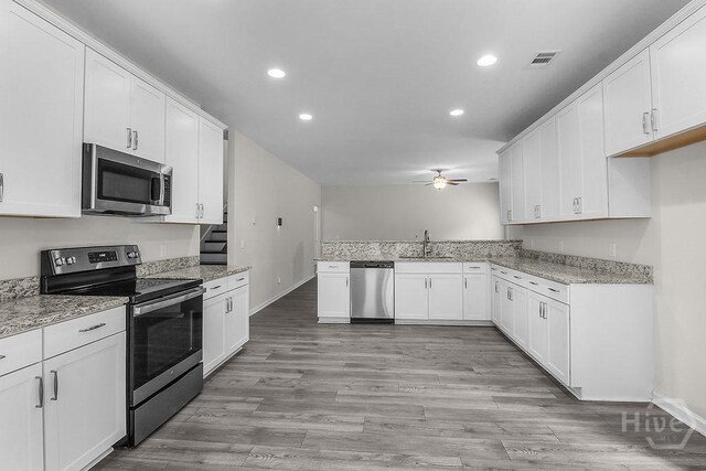 105 Telford St, Savannah, GA 31407 - kitchen featuring appliances with stainless steel finishes, a ceiling fan, recessed lighting, white cabinetry, and light stone countertops