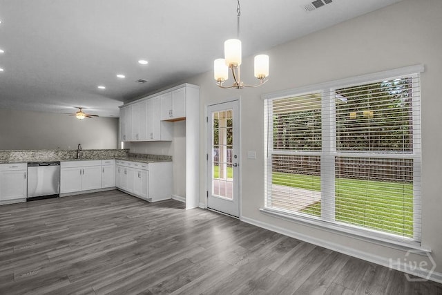 105 Telford St, Savannah, GA 31407 - kitchen with dishwasher, a chandelier, white cabinetry, dark wood-type flooring, and recessed lighting