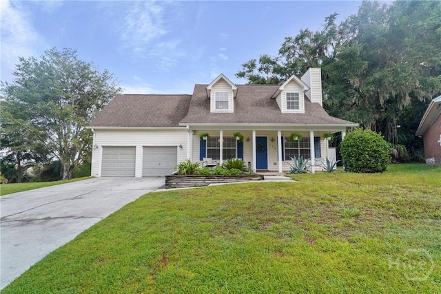 139 Marsh Edge Ln, Savannah, GA 31419 - cape cod house featuring an attached garage, a front lawn, a chimney, and concrete driveway