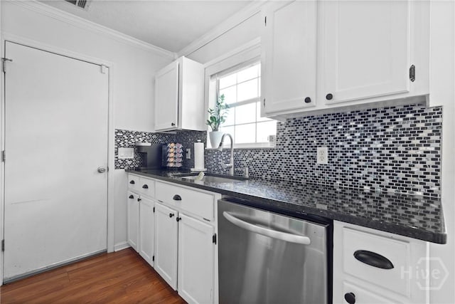 139 Marsh Edge Ln, Savannah, GA 31419 - kitchen featuring dishwasher, white cabinetry, crown molding, tasteful backsplash, and dark wood-style flooring