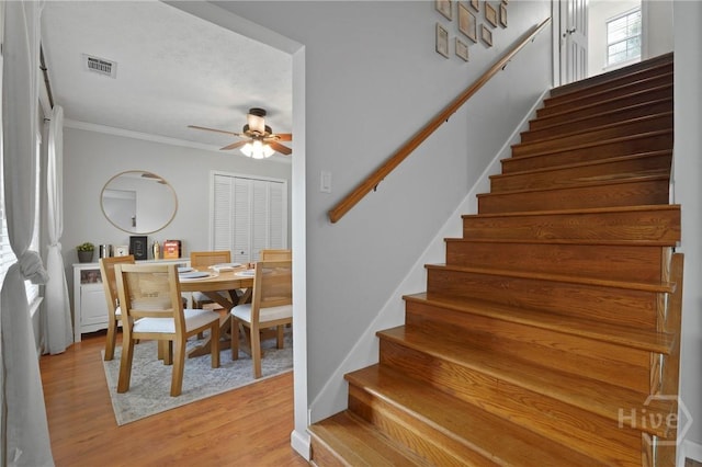 139 Marsh Edge Ln, Savannah, GA 31419 - staircase with ceiling fan, ornamental molding, and wood finished floors