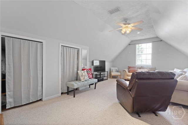 139 Marsh Edge Ln, Savannah, GA 31419 - carpeted living area featuring lofted ceiling and ceiling fan