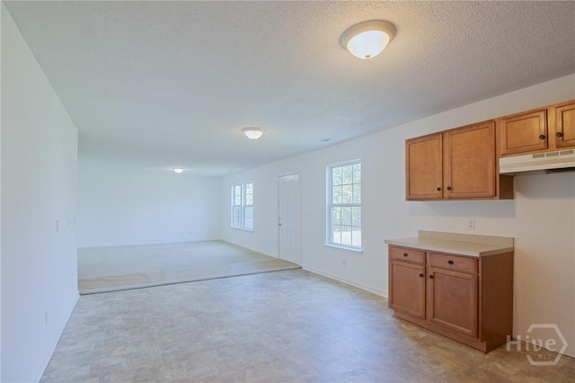 291 Blacberry Ln, Port Wentworth, GA 31407 - kitchen featuring under cabinet range hood, brown cabinets, light countertops, a textured ceiling, and light flooring