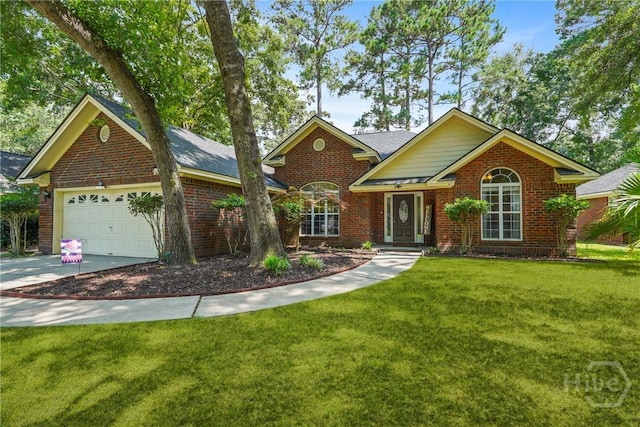 27 Heron View Ct, Richmond Hill, GA 31324 - traditional-style house featuring brick siding, a garage, a front lawn, and driveway