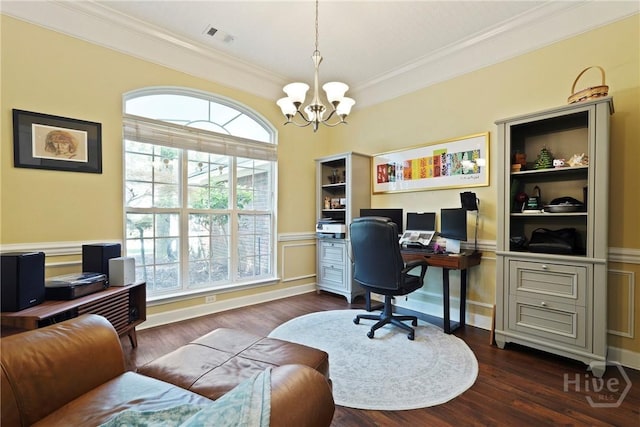 27 Heron View Ct, Richmond Hill, GA 31324 - office space with a chandelier, healthy amount of natural light, crown molding, dark wood-style floors, and wainscoting