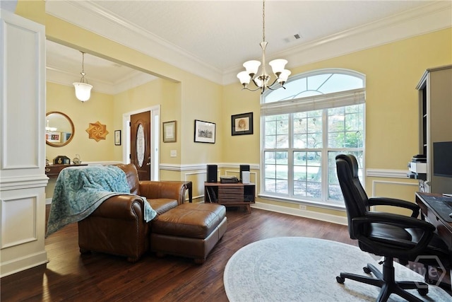 27 Heron View Ct, Richmond Hill, GA 31324 - office with a chandelier, dark wood finished floors, crown molding, a wainscoted wall, and decorative columns