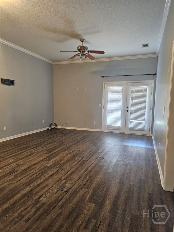 401 Barry Mccaffrey Blvd Unit E2, Hinesville, GA 31313 - unfurnished room with french doors, dark wood-style floors, ceiling fan, crown molding, and a textured ceiling