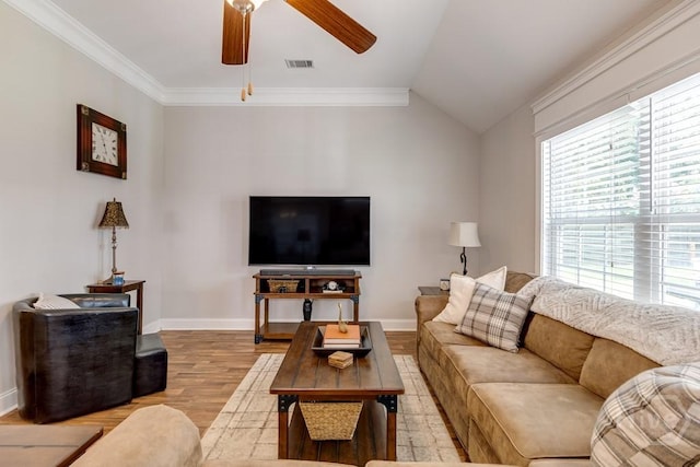 160 Wild Honey Ct, Richmond Hill, GA 31324 - living area with ceiling fan, light wood-type flooring, ornamental molding, and vaulted ceiling