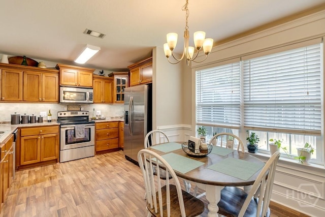 160 Wild Honey Ct, Richmond Hill, GA 31324 - kitchen with stainless steel appliances, brown cabinetry, plenty of natural light, wainscoting, and a decorative wall