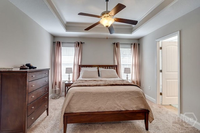 160 Wild Honey Ct, Richmond Hill, GA 31324 - bedroom with a raised ceiling, light colored carpet, ornamental molding, and a ceiling fan