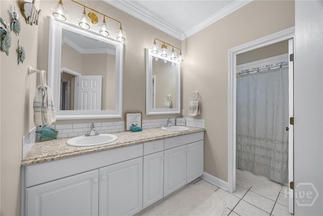 139 Mingarry Dr, Richmond Hill, GA 31324 - full bathroom with double vanity, crown molding, and decorative backsplash