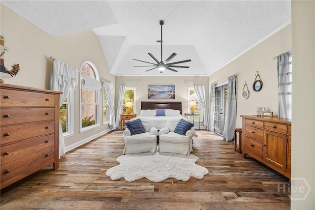 139 Mingarry Dr, Richmond Hill, GA 31324 - bedroom featuring lofted ceiling, access to outside, a textured ceiling, wood finished floors, and ceiling fan
