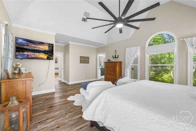 139 Mingarry Dr, Richmond Hill, GA 31324 - bedroom with wood finished floors, high vaulted ceiling, a ceiling fan, and ornamental molding