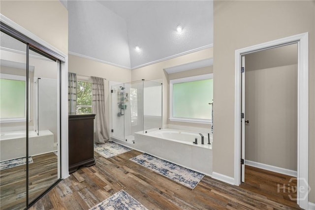 139 Mingarry Dr, Richmond Hill, GA 31324 - full bath with a shower stall, wood finished floors, a garden tub, and high vaulted ceiling